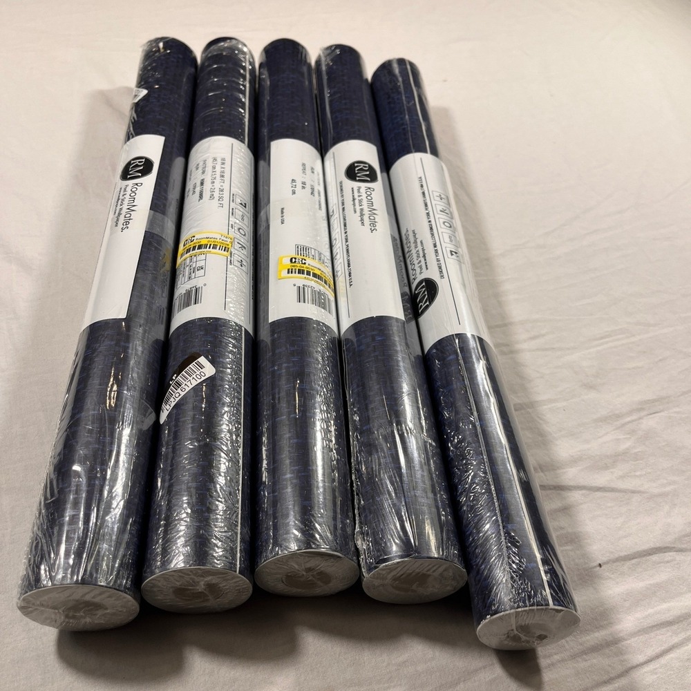 5 Lot RoomMates Peel & Stick Wallpaper Navy Blue NEW Faux Grasscloth RMK11698RL